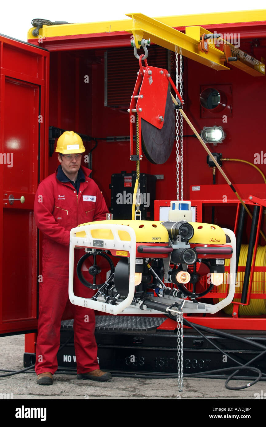 Entfernten Betrieben Fahrzeug (ROV) für den Einsatz in der Ölindustrie für Unterwasser Wartung auf Bohrinseln und Plattformen Stockfoto