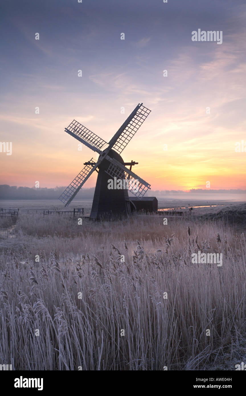 Kalten Hoar Milchglas Sonnenaufgang am Herringfleet Windmühle auf dem & Suffolk Norfolk Broads Stockfoto