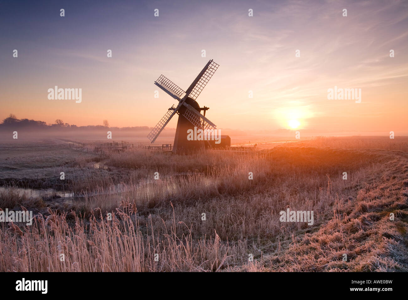 Kalten Hoar Milchglas Sonnenaufgang am Herringfleet Windmühle auf dem & Suffolk Norfolk Broads Stockfoto