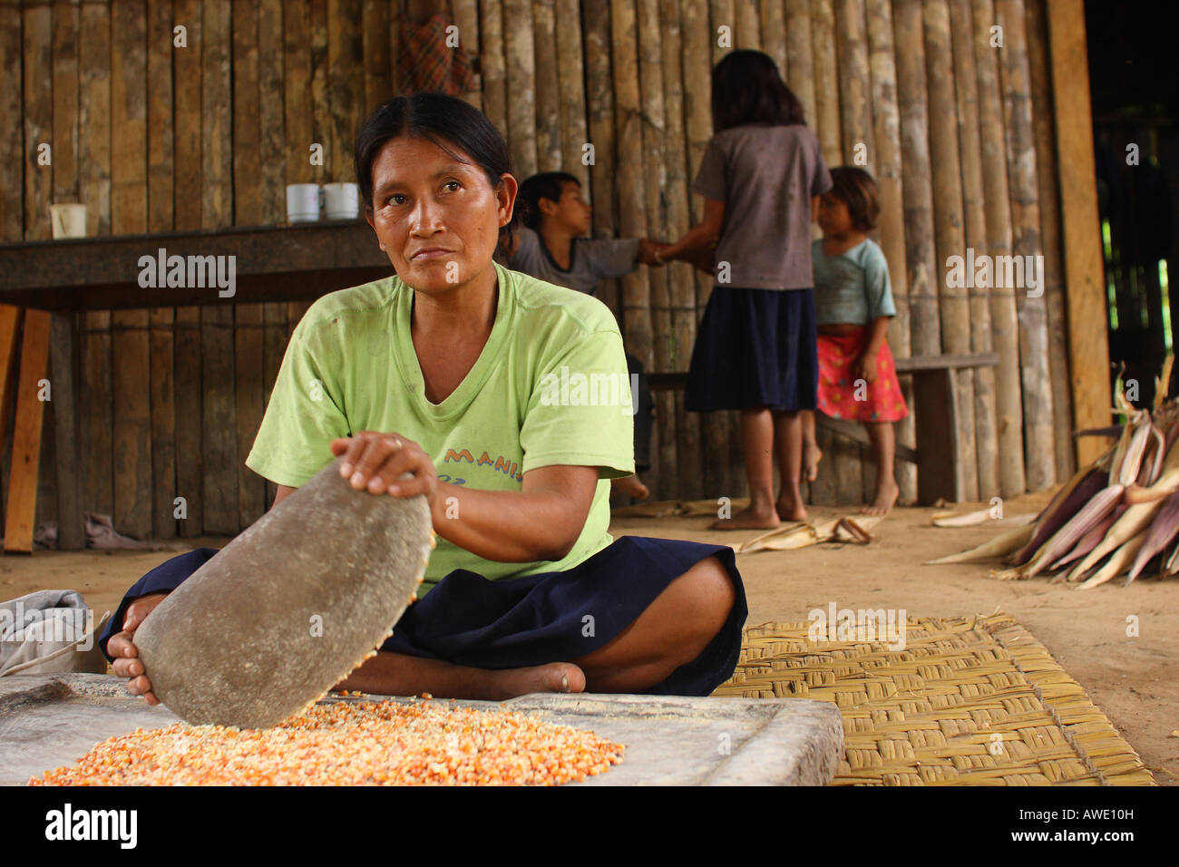 Eine einheimische Mozeten Frau aus dem bolivianischen Amazonas Pilon Lajas Reserve in der Nähe von Madidi Nationalpark schleift Mais Mehl, Bolivien. Stockfoto