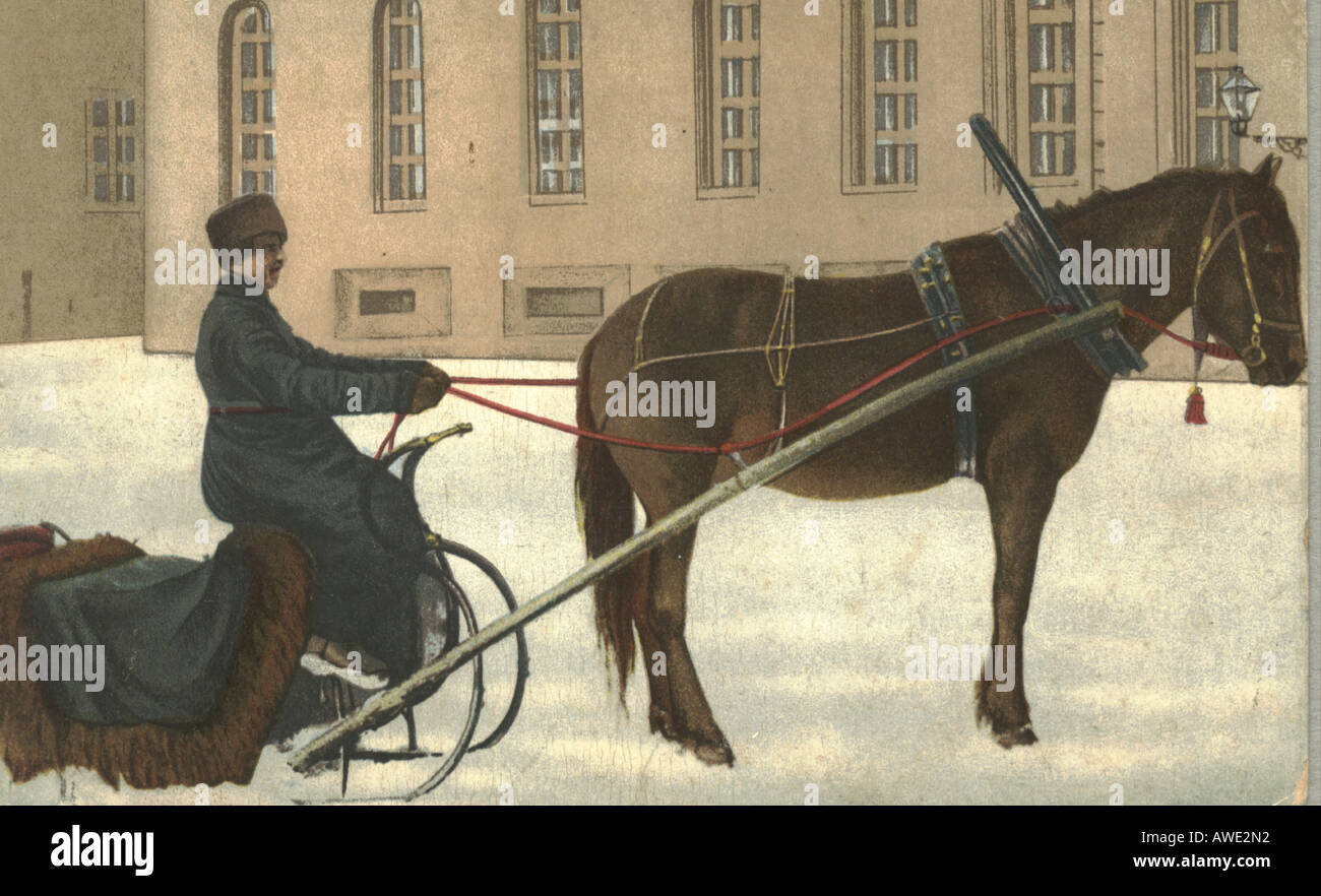 Russische Postkarte von einem Pferd gezogenen Taxi ca. 1905 Stockfoto