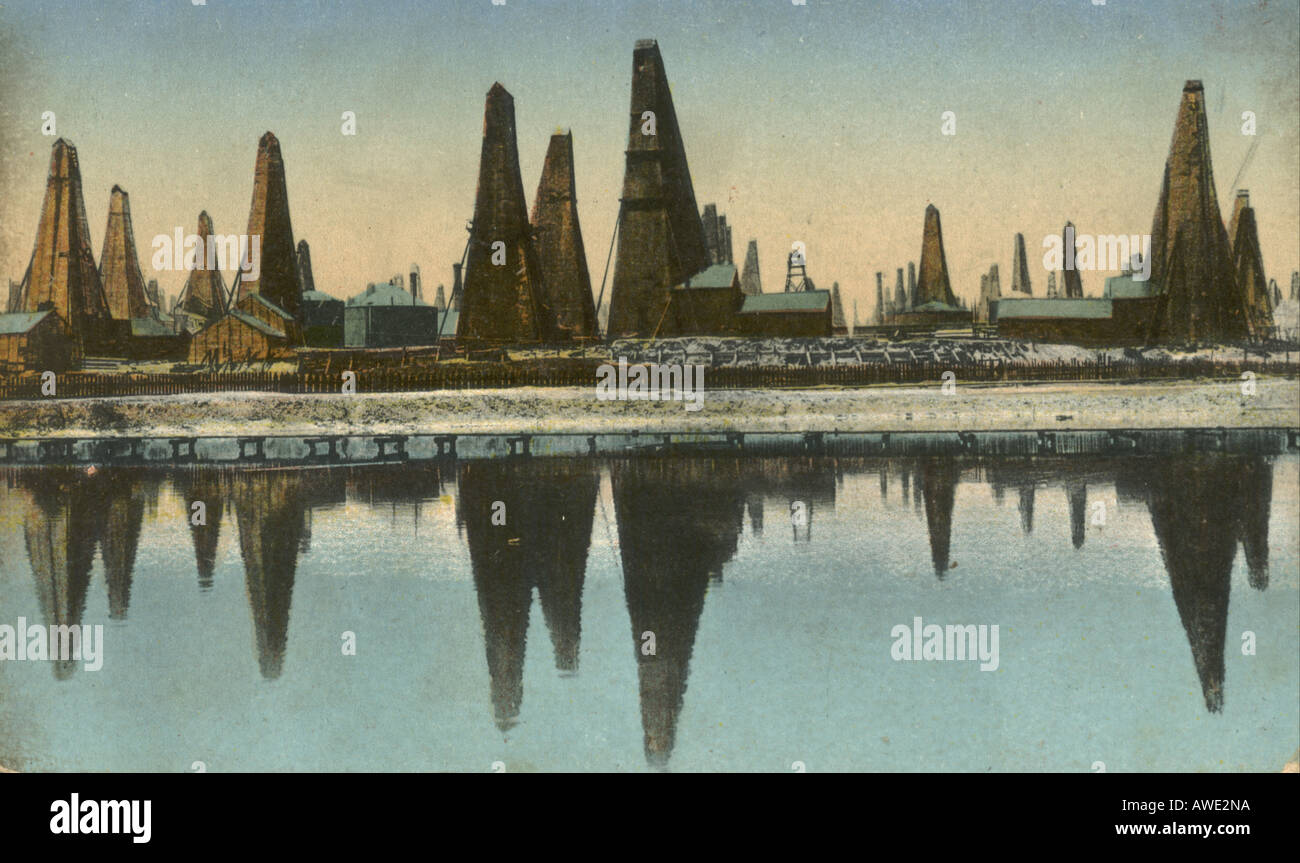 Russische Ansichtskarte von Oilwells in Baku circa 1905 Stockfoto