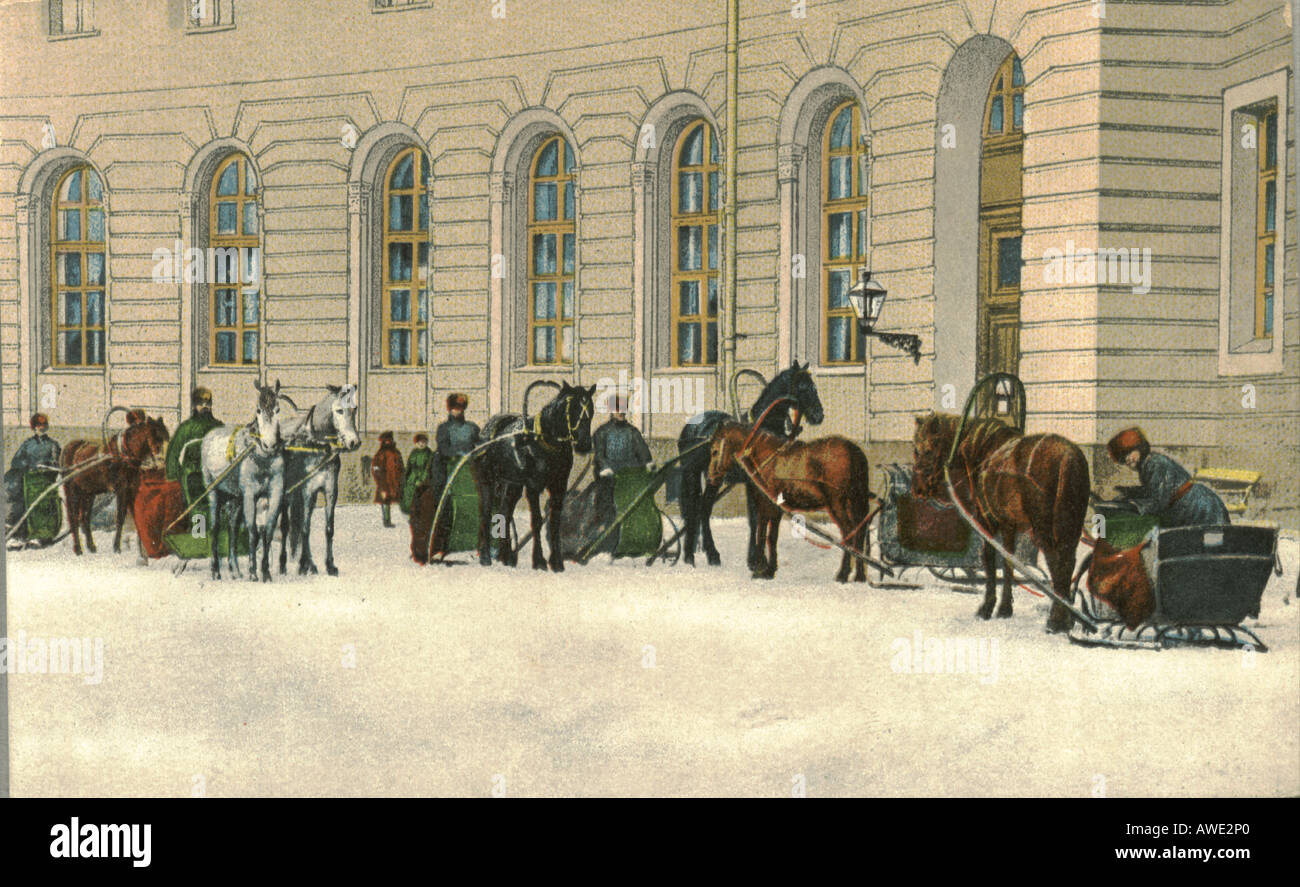 Russische Ansichtskarte von Pferd Taxistand in St. Petersburg, ca. 1905 Stockfoto