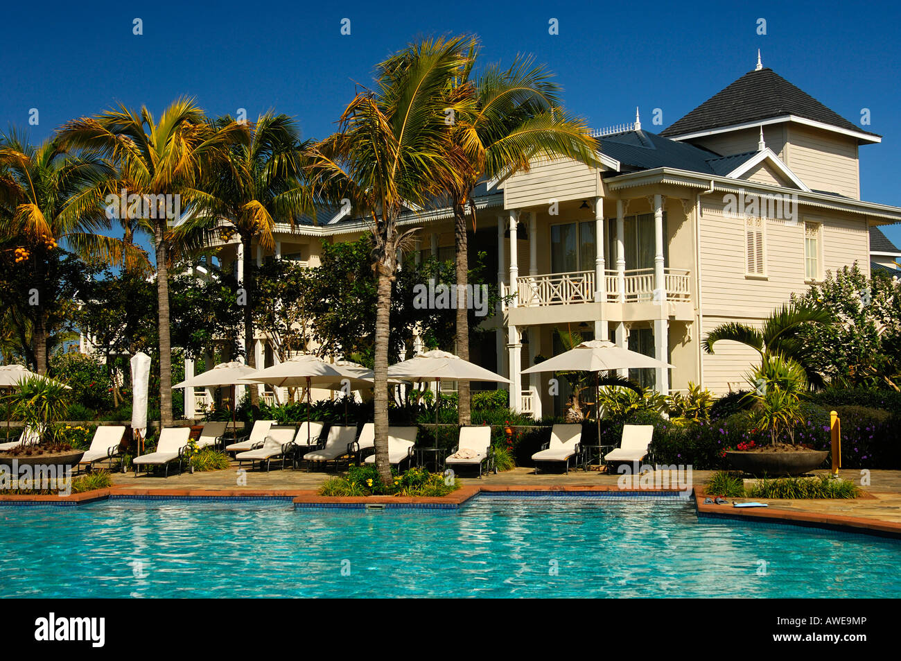 An der Pool-Seite, Resort Le Telfair, Mauritius Stockfoto