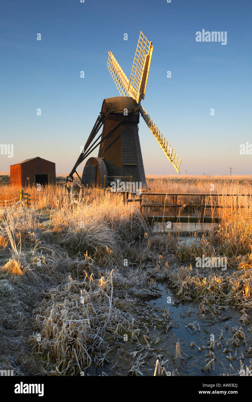 Kalten Hoar Milchglas Sonnenaufgang am Herringfleet Windmühle auf dem & Suffolk Norfolk Broads Stockfoto