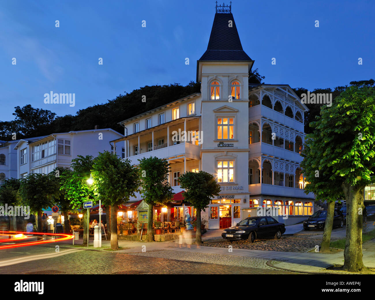 Hotel Sonneck, typische Architektur auf Wilhelm Straße, Sellin, Badeort, Rügen, Deutschland, Europa Stockfoto