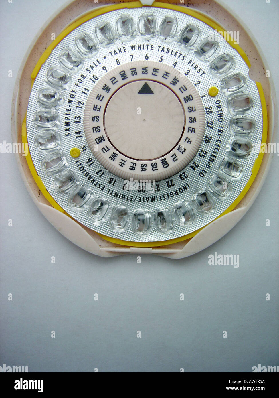 Leere Geburtenkontrolle-Pille Container Textfreiraum Stockfoto