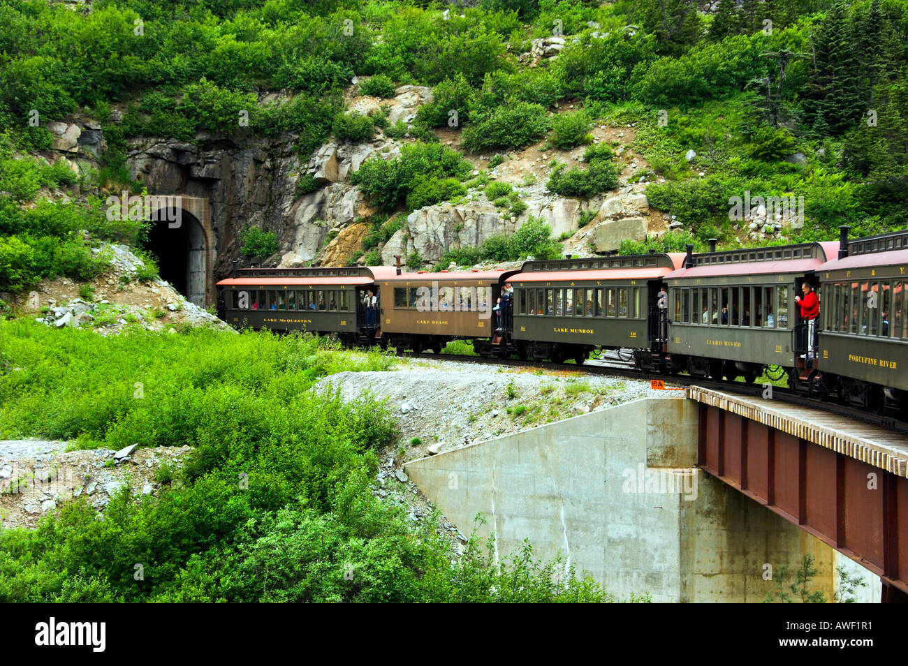 Die White Pass and Yukon Railway Sonderfahrt in den malerischen Bergen von Alaska USA Stockfoto