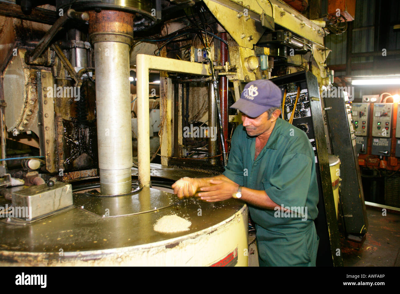 Arbeiter, die Überprüfung von Zucker, Produktion von "Demerara Zucker" aus Zuckerrohr, Demerara Provinz, Guyana, Südamerika Stockfoto
