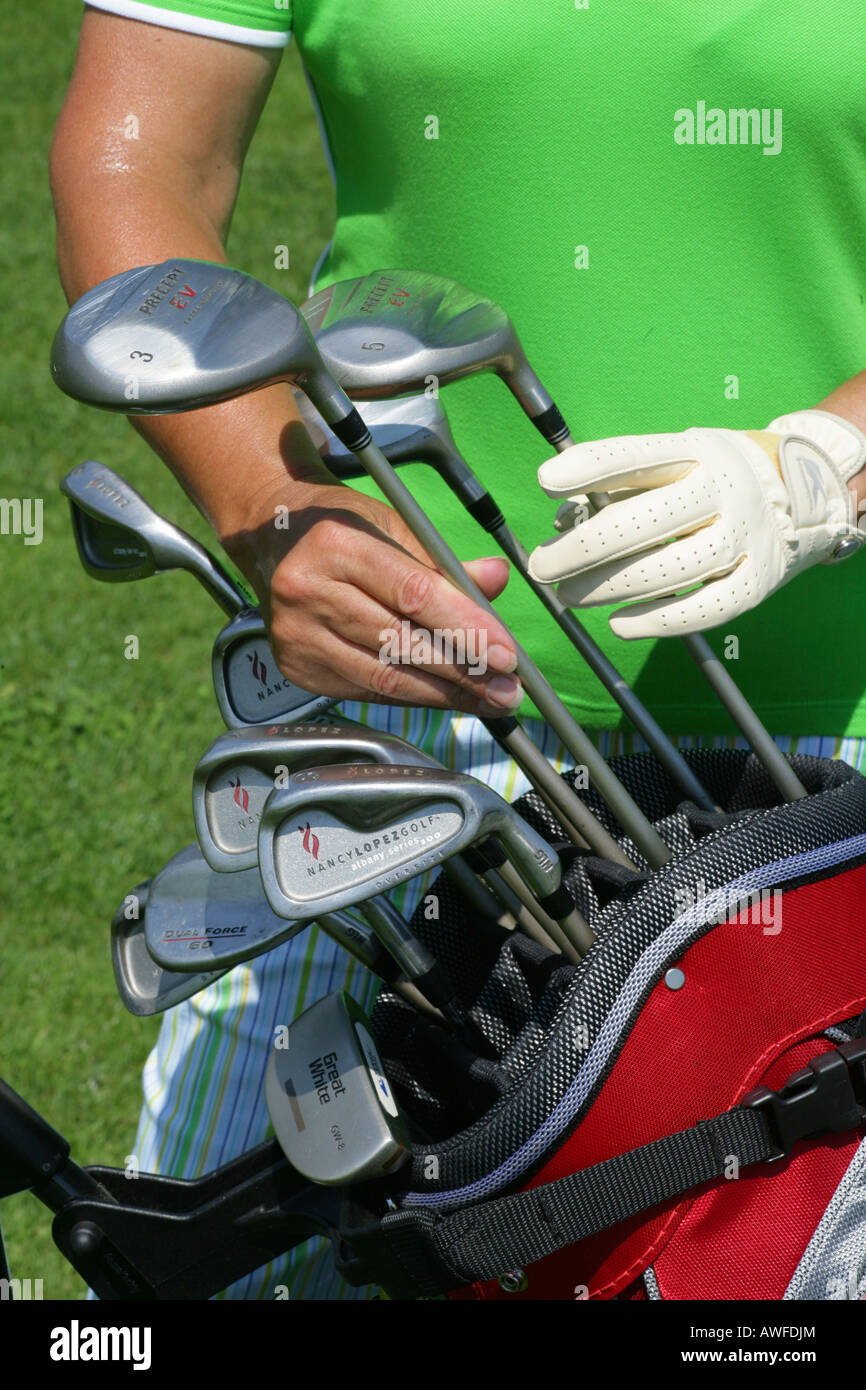 Golfschläger im Golf Bag, Upper Bavaria, Bavaria, Germany, Europe Stockfoto