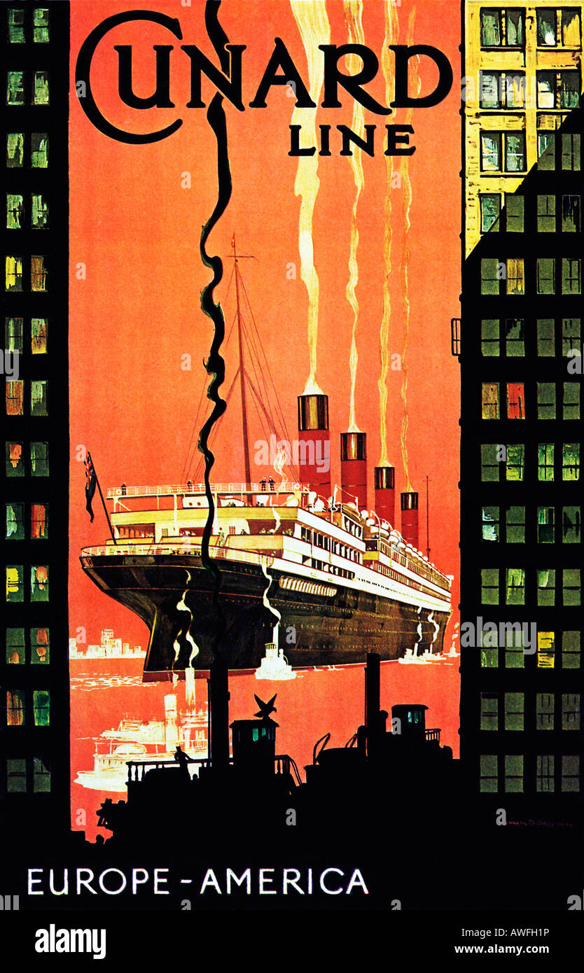 Cunard Line 1926 Plakat für den transatlantischen Liner Service Flaggschiff dampft der Aquitania aus New York Stockfoto