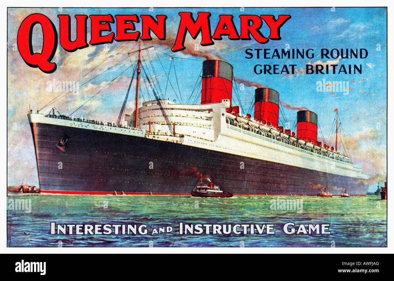 Queen Mary Game 1937 Box Illustration für ein Brettspiel basierend auf Cunards berühmten Flaggschiff Ozeandampfer Stockfoto