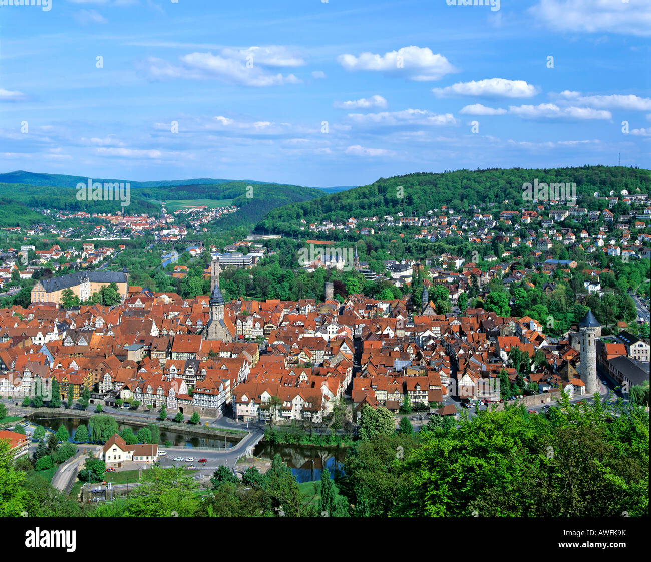 Panorama-Aufnahme von Hannoversch Muenden, Weserbergland, Niedersachsen, Deutschland, Europa Stockfoto