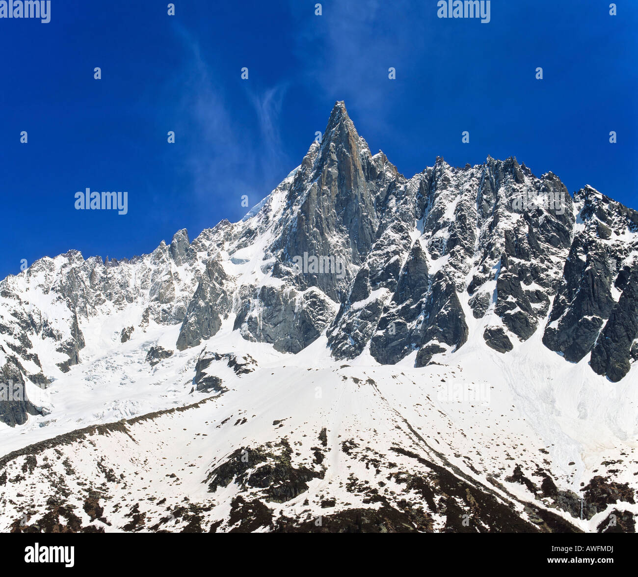 Mt. Aiguille du Dru, Mont-Blanc-Massiv, Savoyer Alpen, Frankreich Stockfoto