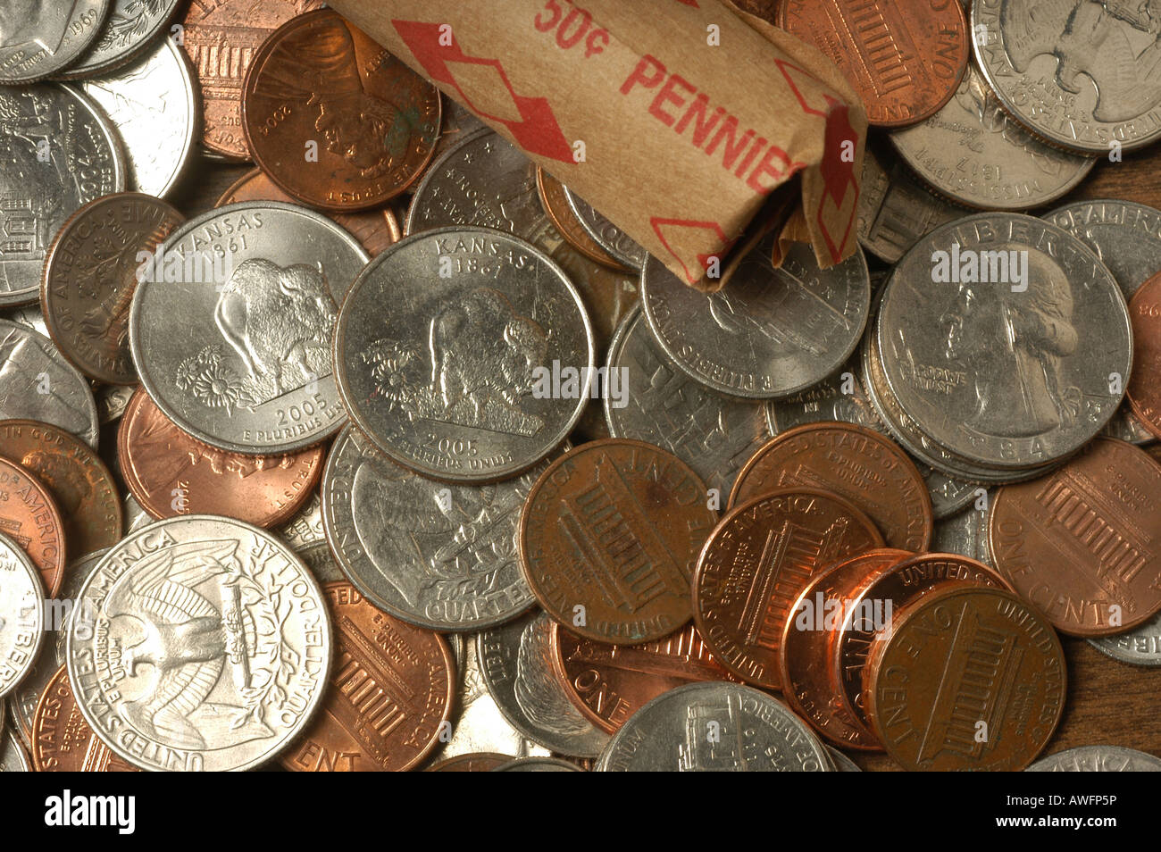Neue Münzen geben Viertel amerikanisches Geld Stockfoto