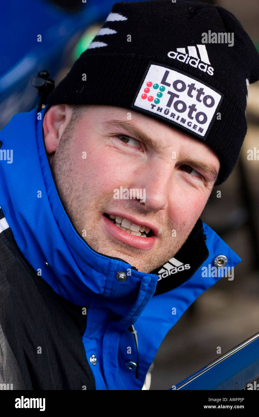 Porträt von Andre Lange, mehrfach-Weltmeister und Olympiasieger auf der Europäischen Luge Meisterschaften 2007 in Winterber Stockfoto