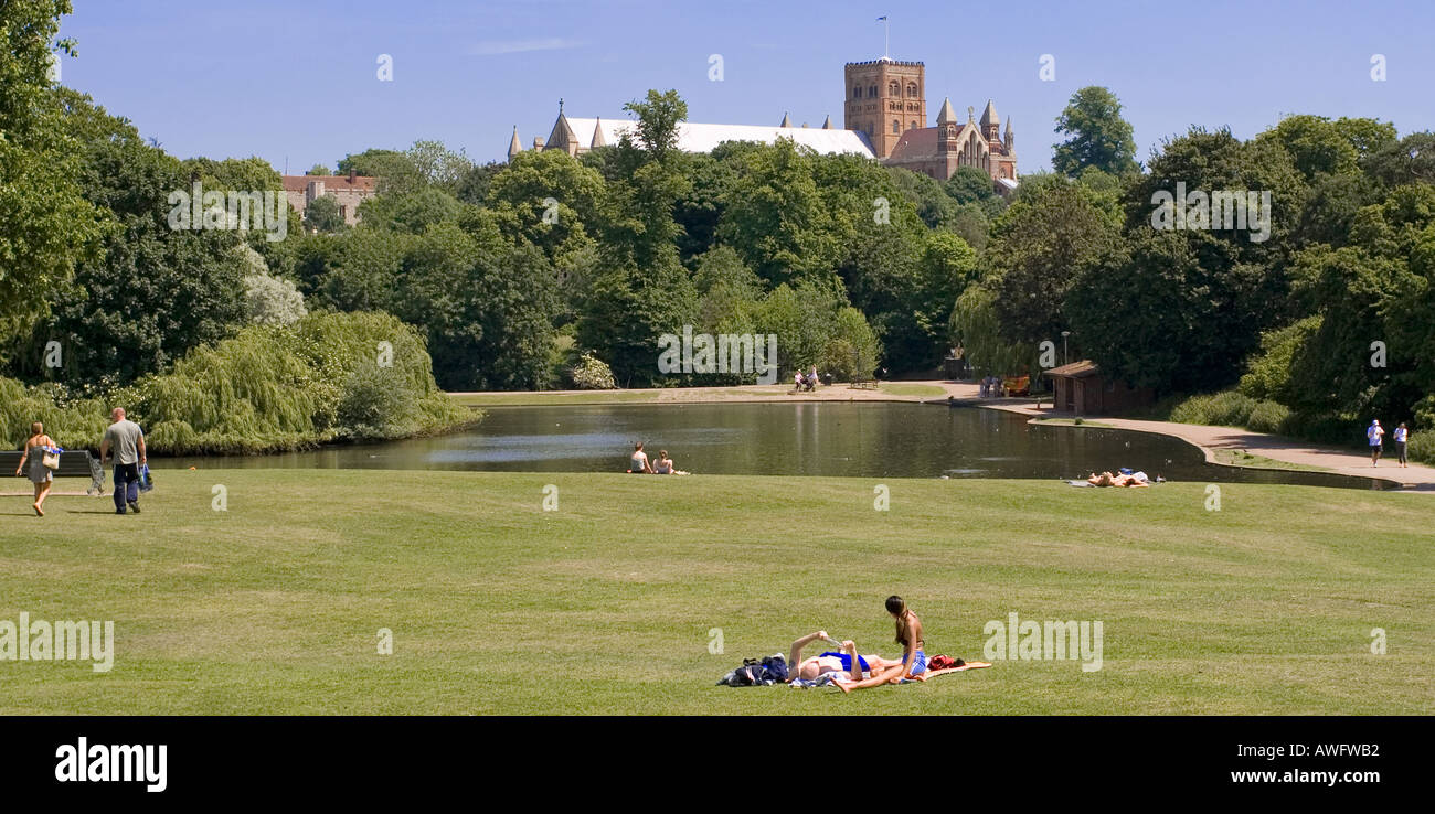 Ansicht der Abtei von St Albans - Verulamium Park - Hertfordshire Stockfoto