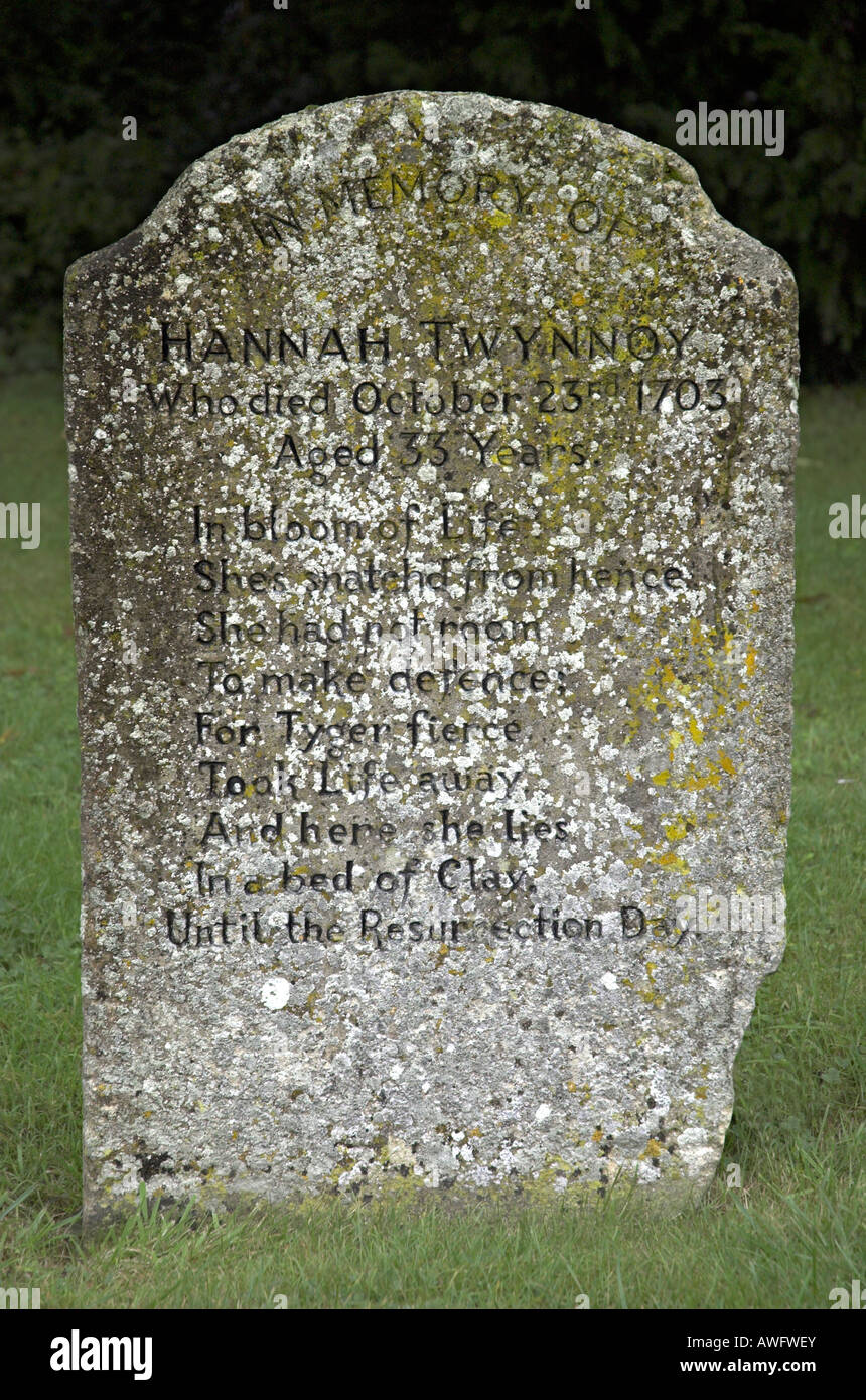 Das Grab von Hanah Twynnoy verstorbenen nach zerfleischt von einem Tiger in Malmesbury im Jahre 1703 Stockfoto