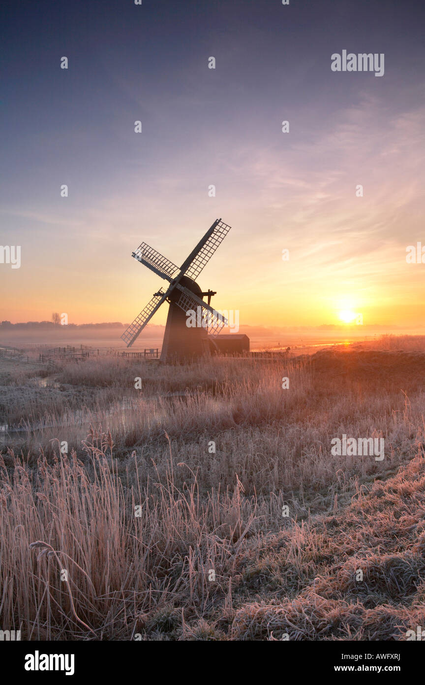 Kalten Hoar Milchglas Sonnenaufgang am Herringfleet Windmühle auf dem & Suffolk Norfolk Broads Stockfoto
