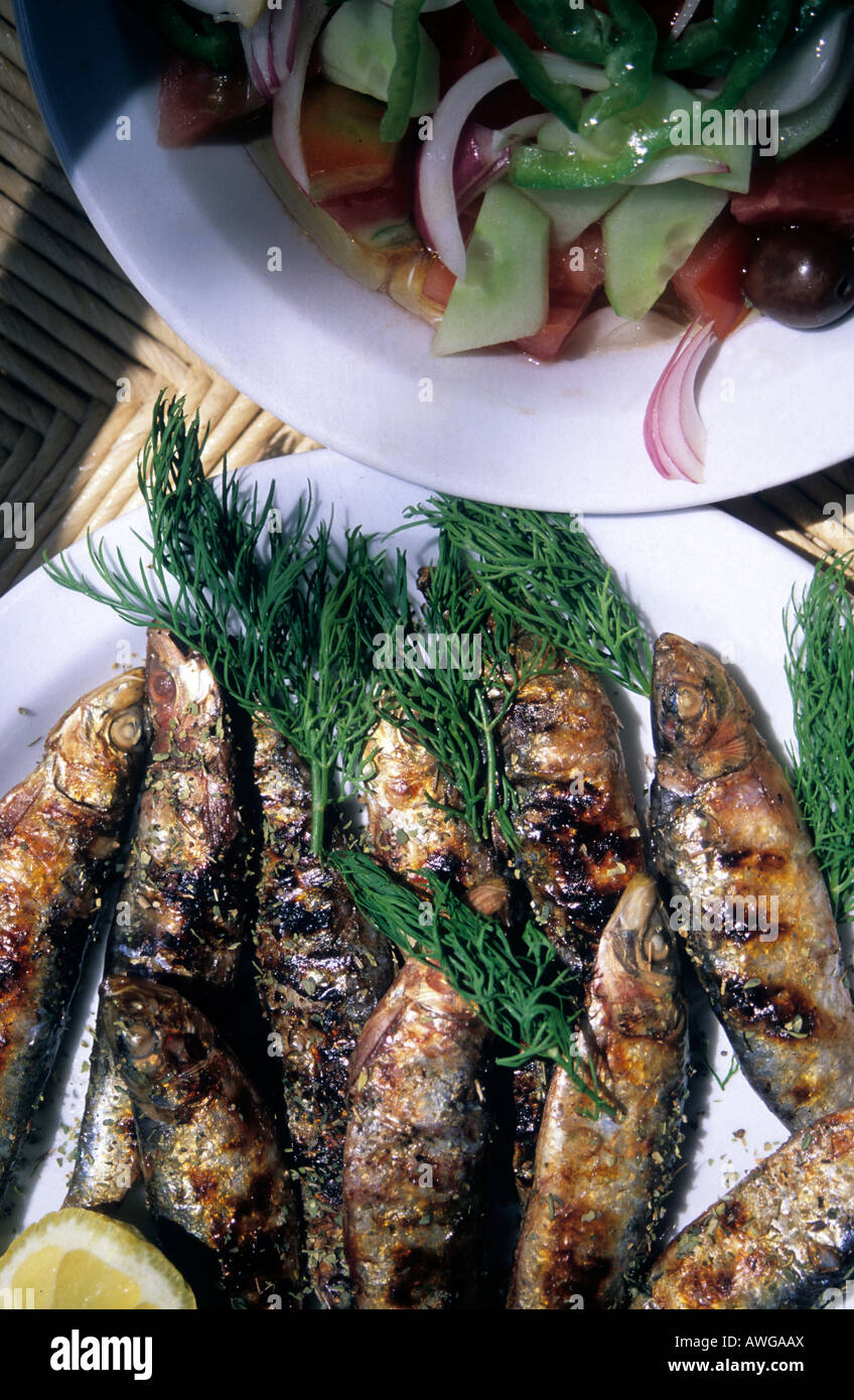 Nördliche Ägäis Mytilini Griechenland einen Teller mit frischen Sardinen Stockfoto
