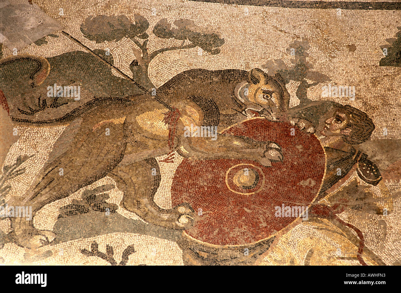 Italien Sizilien Piazza Armerina Villa Romana Del Casale Mosaik Mit Jagdszene Mit Lowen Stockfotografie Alamy