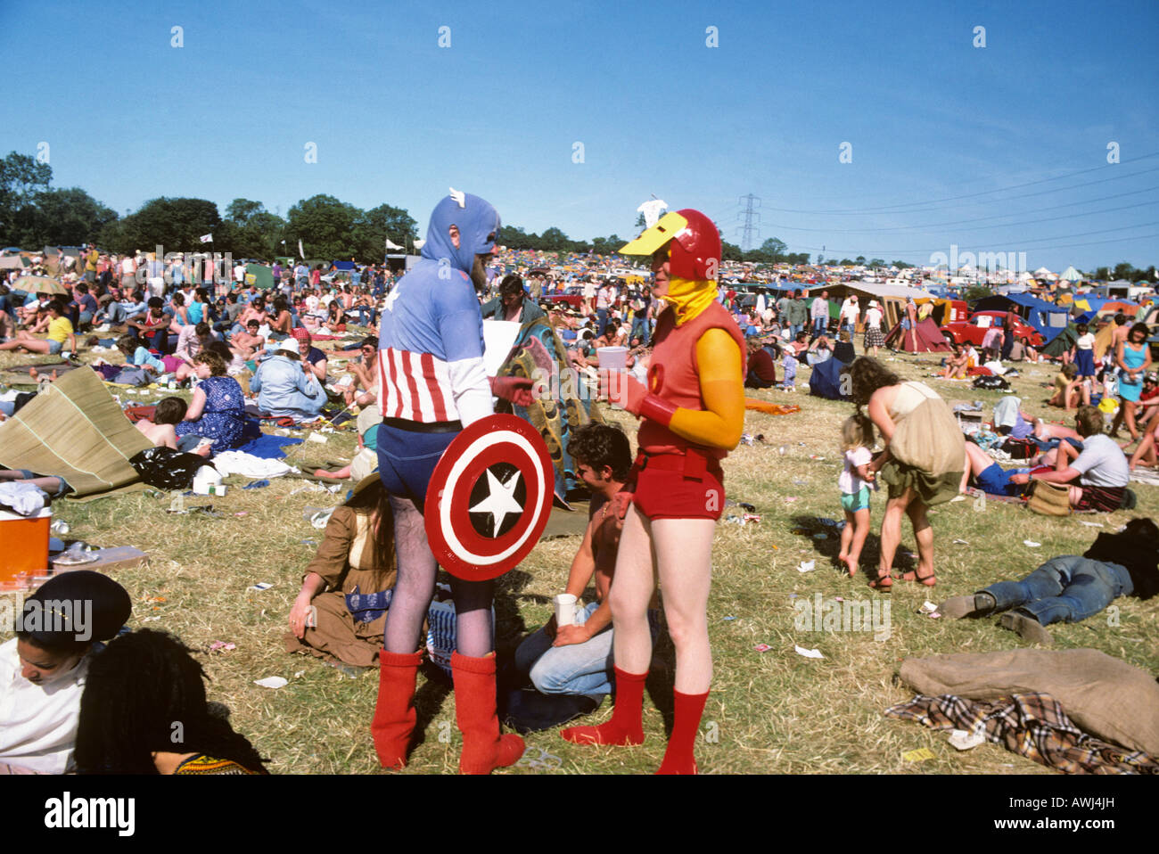 Superman Batman und Robin Glastonbury Festival Pilton Somerset UK Europe Stockfoto