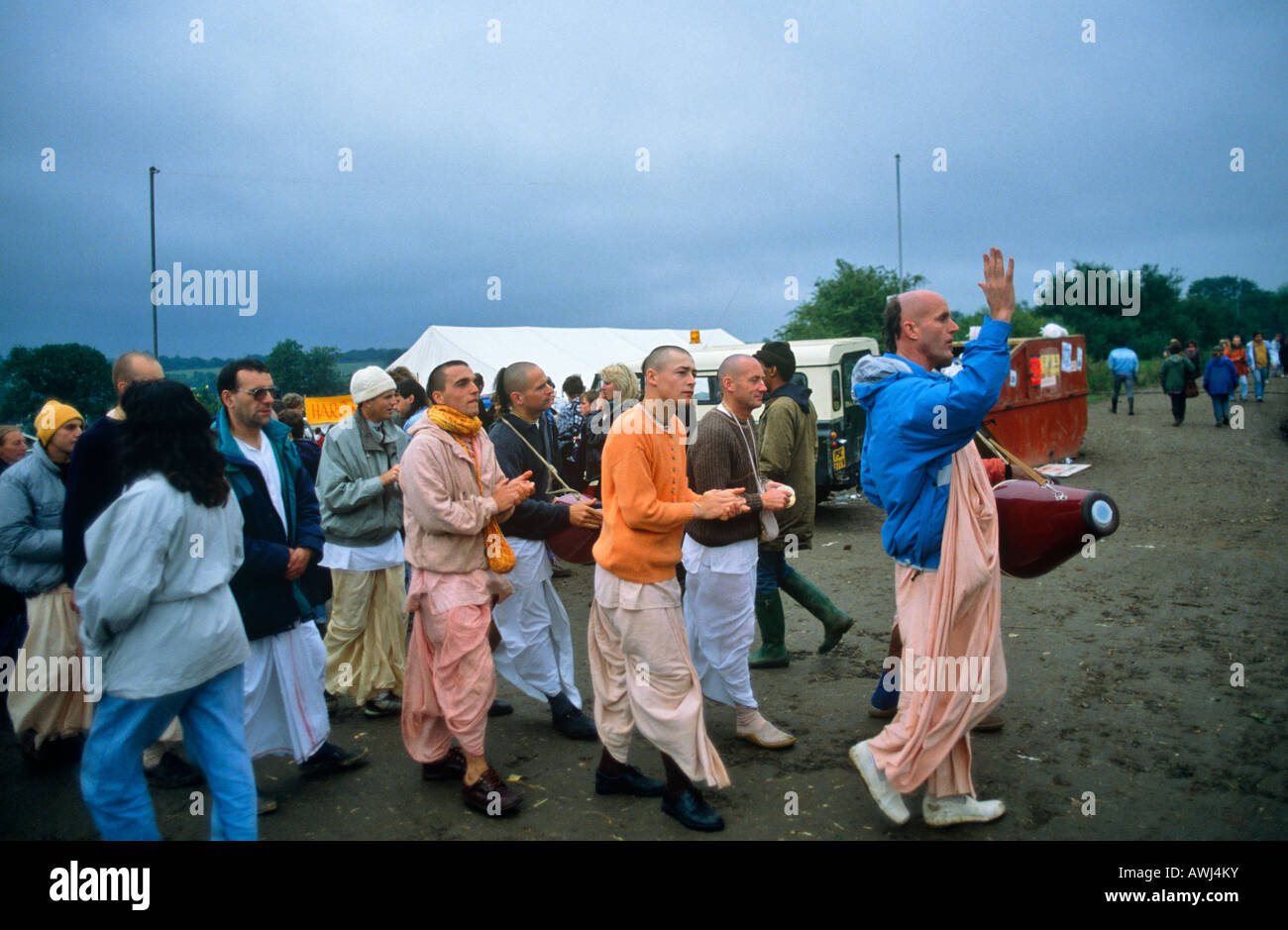 Hare-Krishna Prozession Glastonbury Festival Pilton Somerset UK Europe Stockfoto