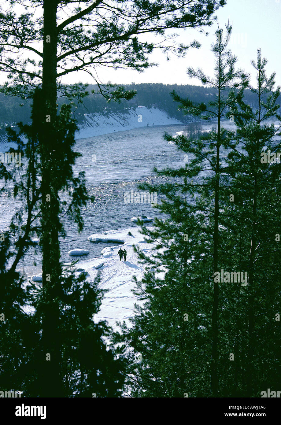 Schweden, immergrüne Bäume und Menschen zu Fuß auf verschneiten Ufer in Ferne Stockfoto