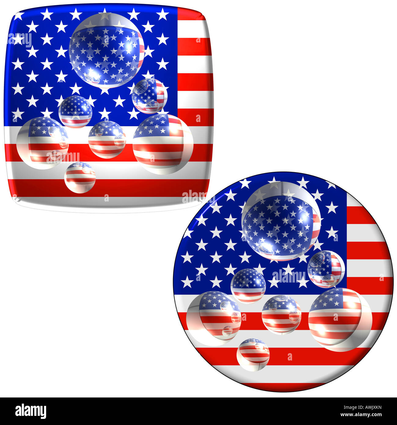 Diese zwei Hi-Res Tasten zeigen die US-Flagge und Bläschen auf. Stockfoto