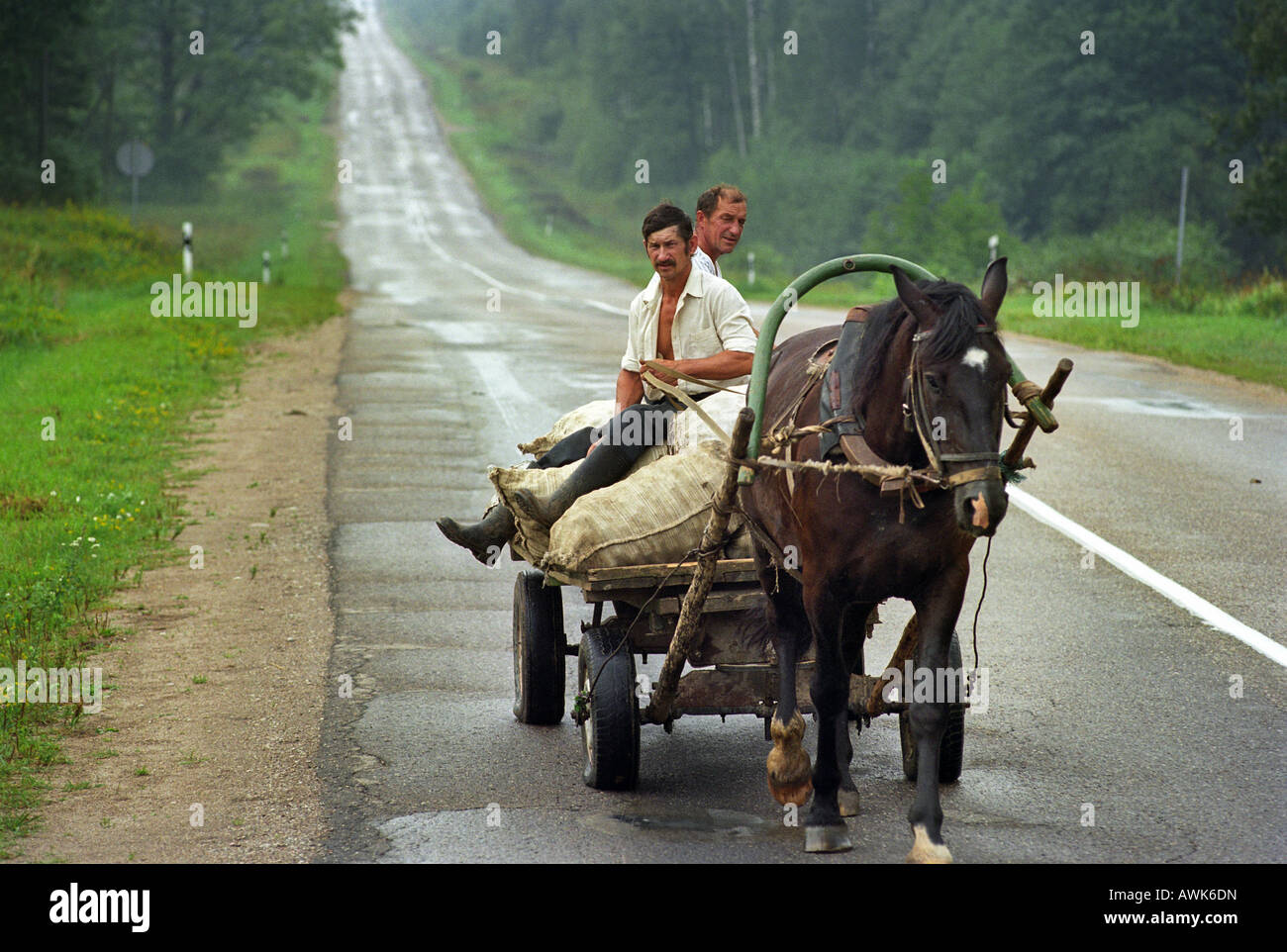 Zwei Bauern, Reiten auf einem Pferdewagen, Medumi, Lettland Stockfoto