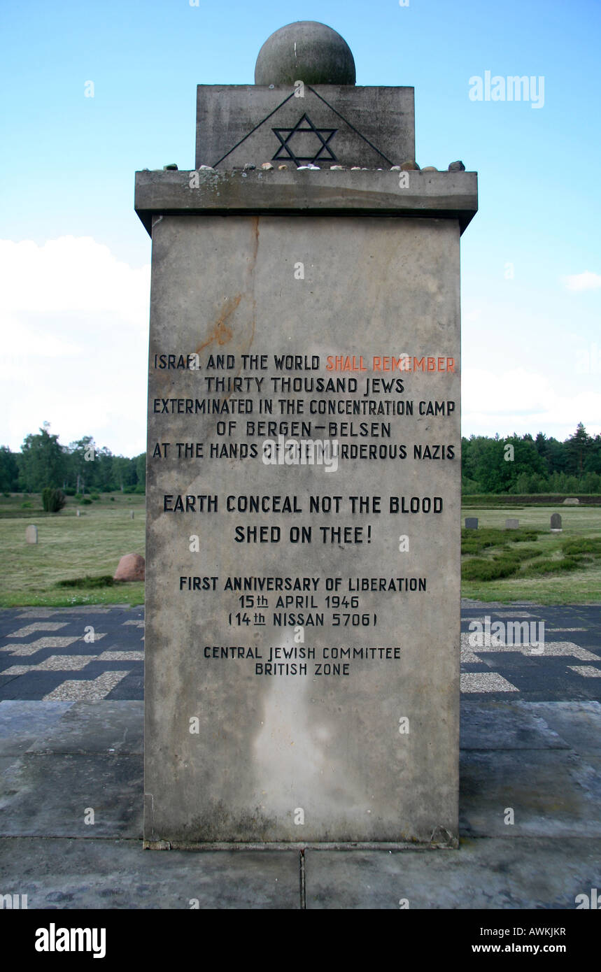 Das jüdische Mahnmal im Bereich wichtigste Denkmal des ehemaligen deutschen Konzentrationslagers Bergen-Belsen, Deutschland. Stockfoto
