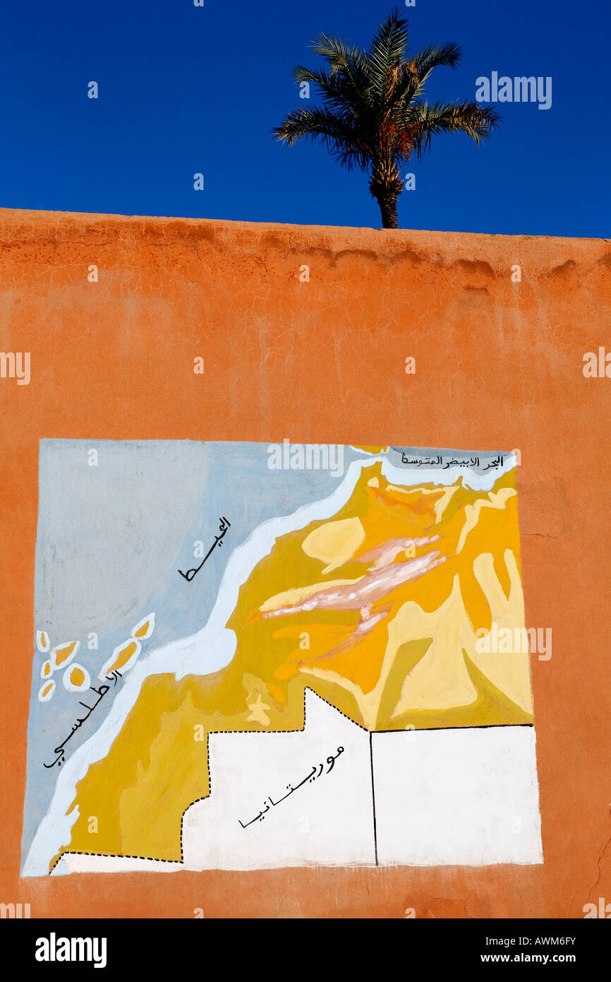 Geographische Karte von Marokko einschließlich Westsahara, Wandmalerei, Marrakesch, Afrika Stockfoto