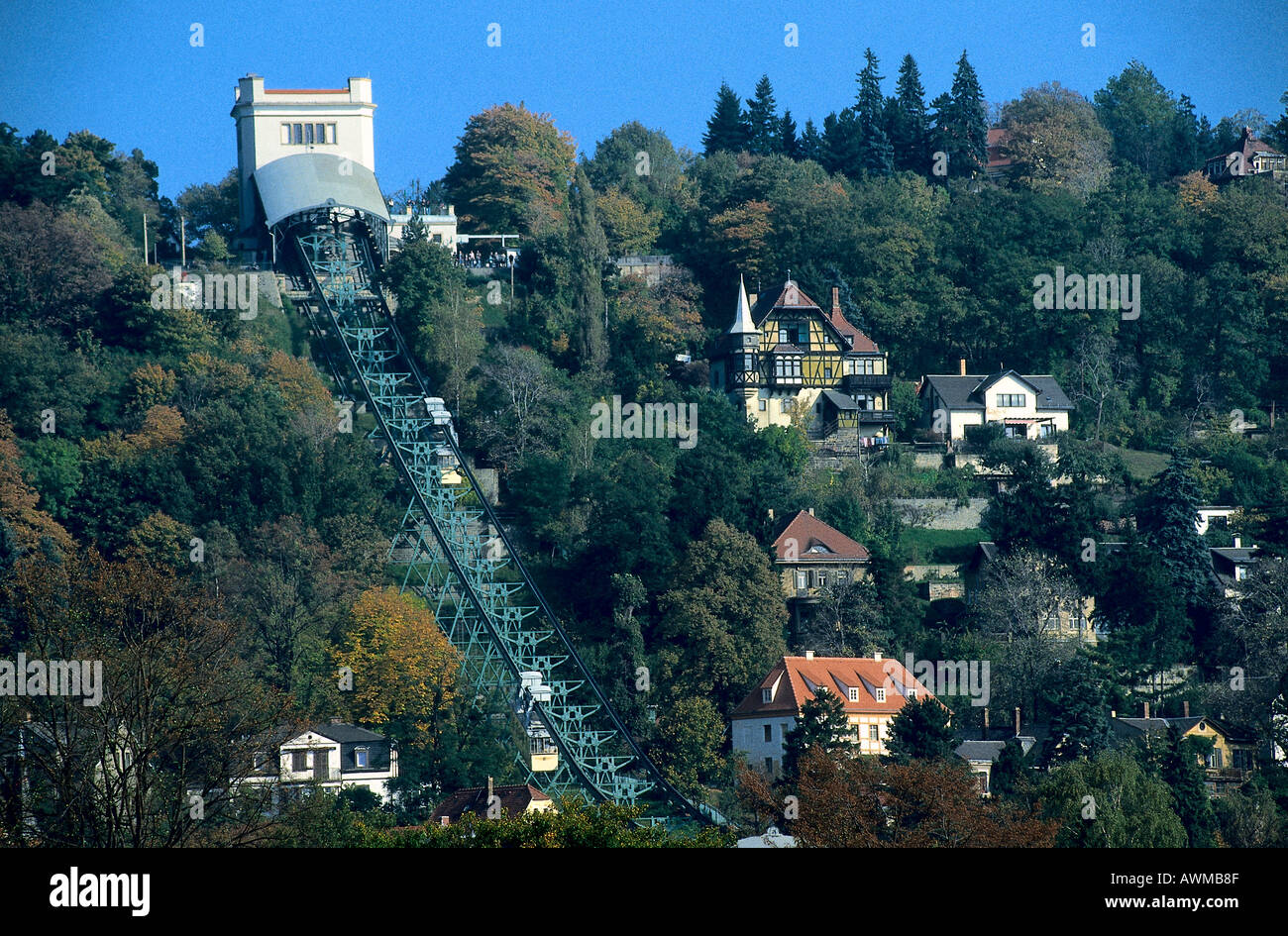Erhöhte Ansicht von Seilbahn, Dresden, Sachsen, Deutschland Stockfoto