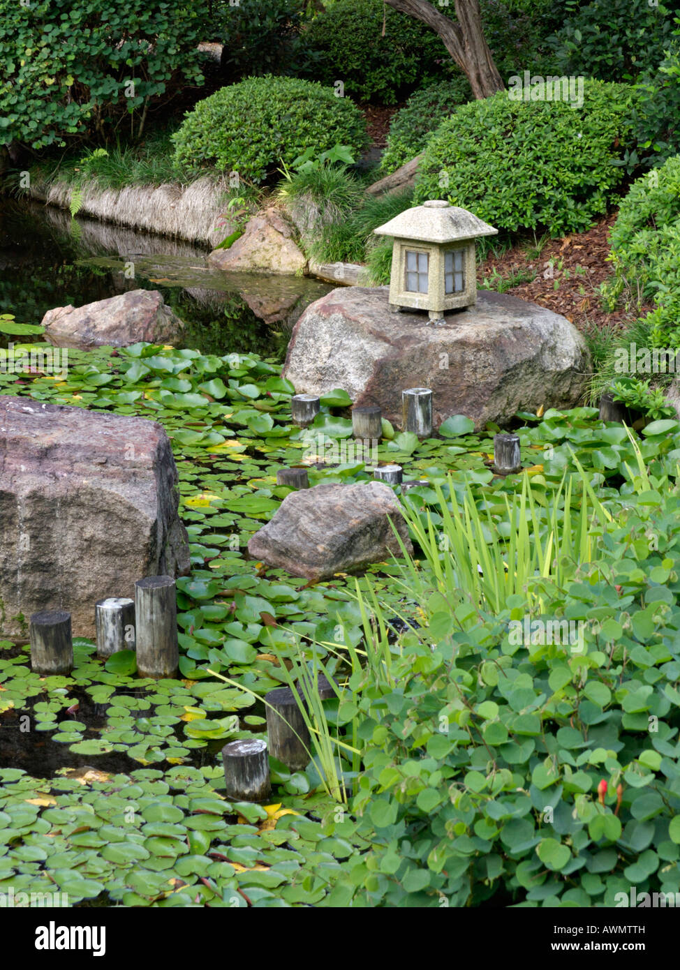 Garten Teich mit Laterne Stockfoto