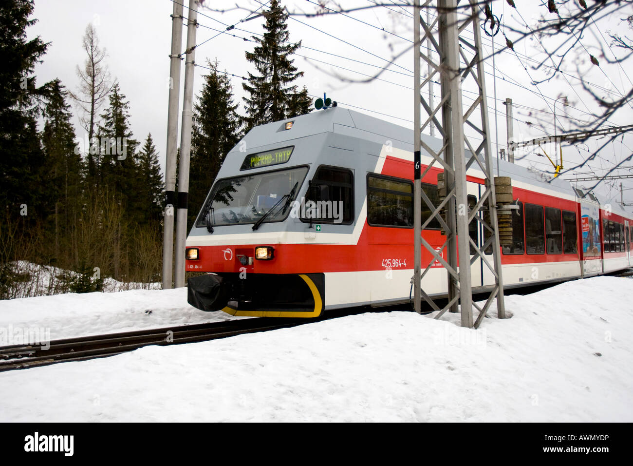 Tatra Electric Railway in den Schnee, Strbske Pleso, Slowakei, Europa Stockfoto