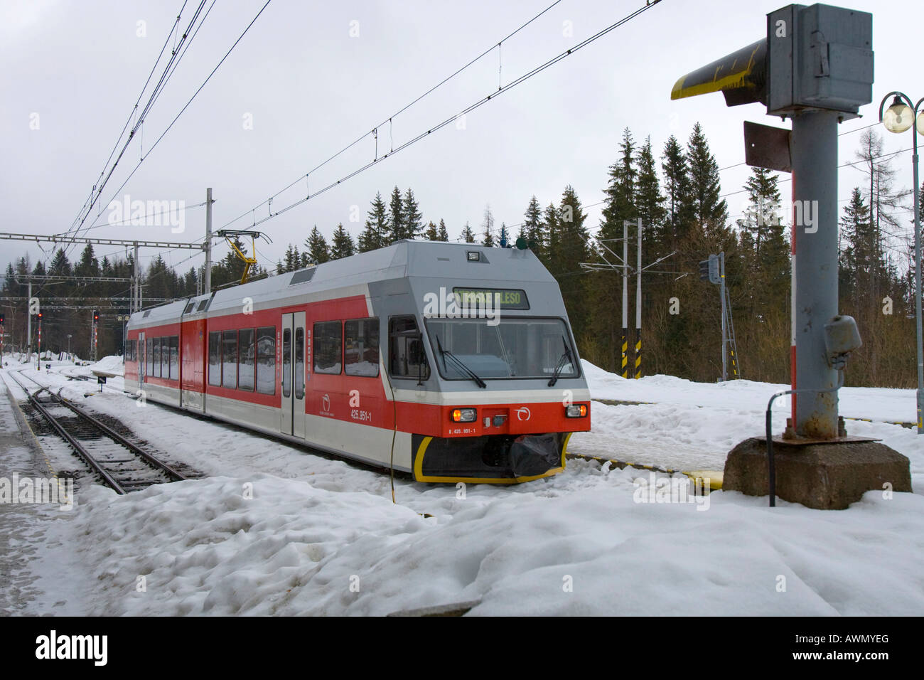 Tatra Electric Railway in den Schnee, Strbske Pleso, Slowakei, Europa Stockfoto