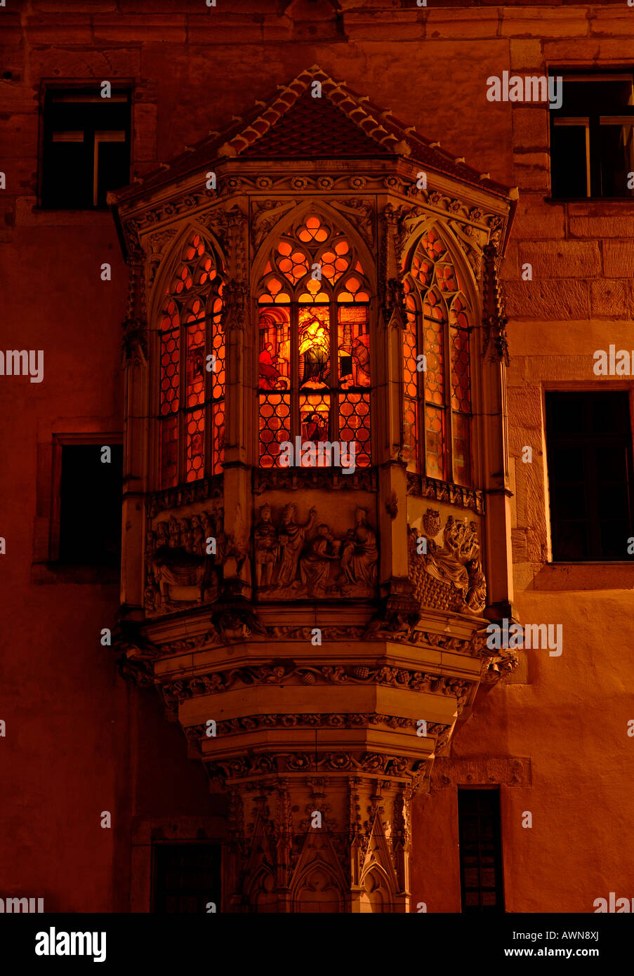 Sebalduskirche Kirche, beleuchteten Erker, Nacht, Nürnberg, Franken, Bayern, Deutschland, Europa Stockfoto