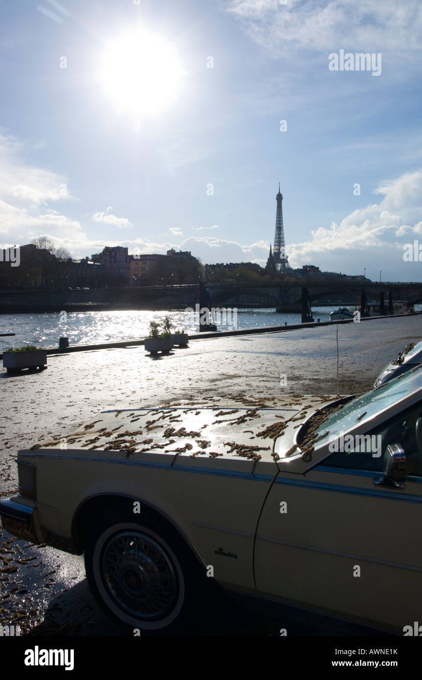 Frankreich Paris 8 Port de Champs Elysees Hintergrundbeleuchtung Ansicht der alten und vernachlässigten Cadillac Auto mit Seine und Eiffelturm in bkgd Stockfoto