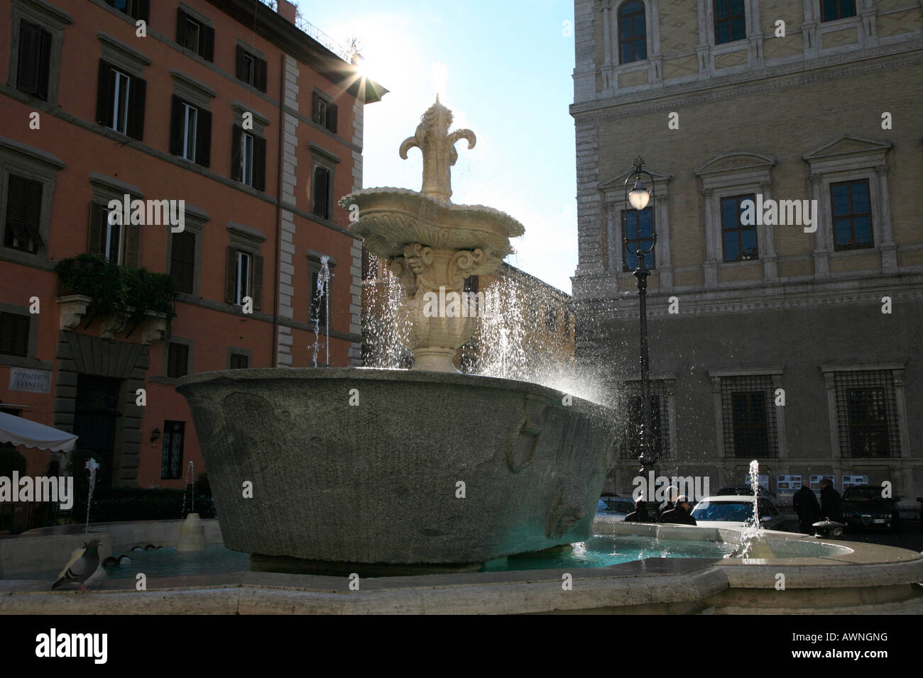 Brunnen Sie in Piazza Farnese Rom mit hinter Palazzo Farnese der französischen Botschaft. Stockfoto