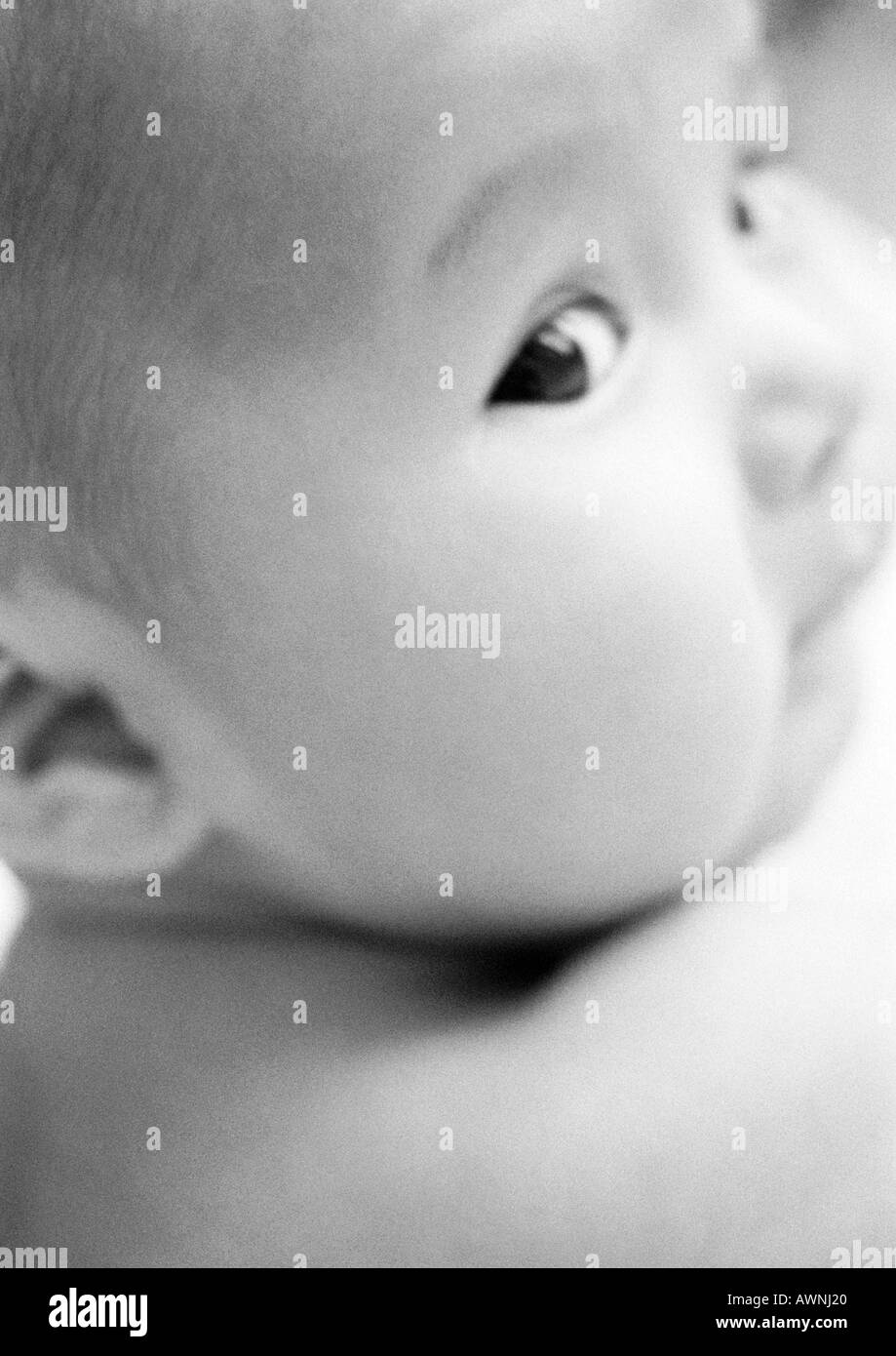 Baby über Schulter, Nahaufnahme, B&W. Stockfoto