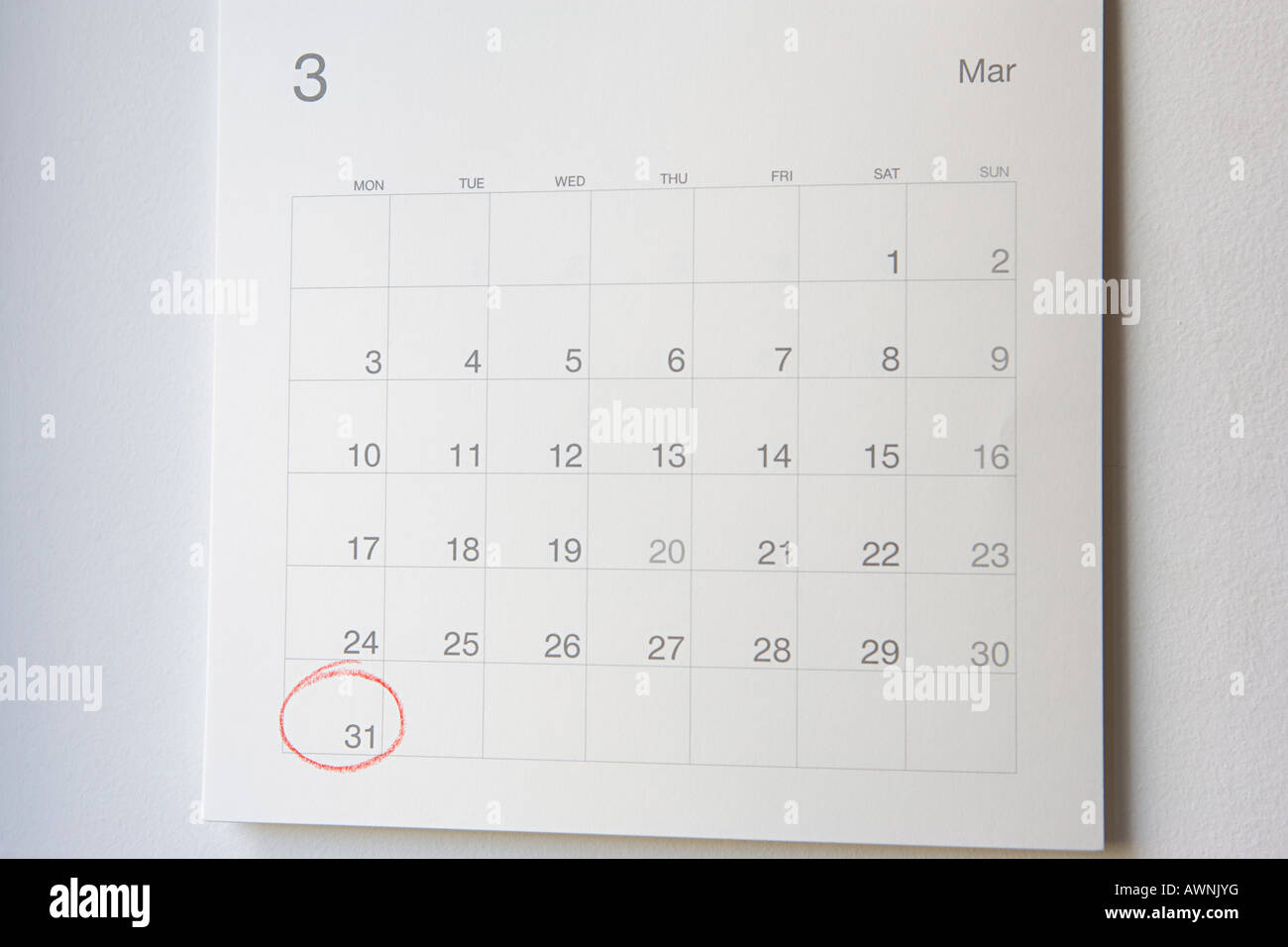 Eingekreiste Zahl einunddreißig in einem Kalender Stockfoto