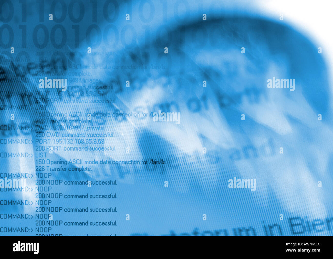 Binäre Typografie überlagern Befehl Computercode, blau. Stockfoto