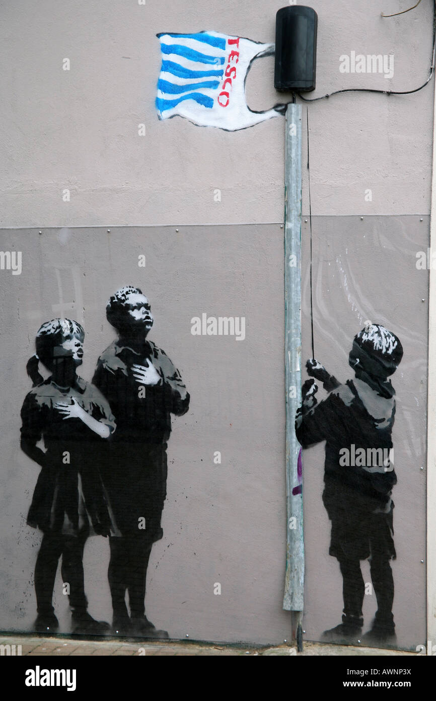 Banksy Kunst an Wand in London Straße Stockfoto