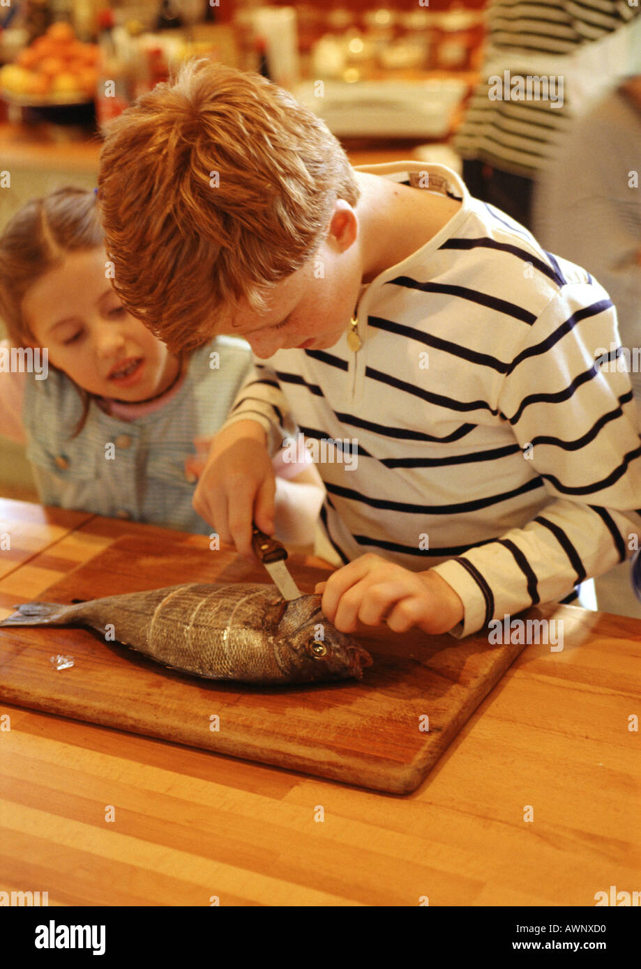 Zwei Kinder in die Küche, ein Schneiden eines Fisches, Eltern im Hintergrund Stockfoto