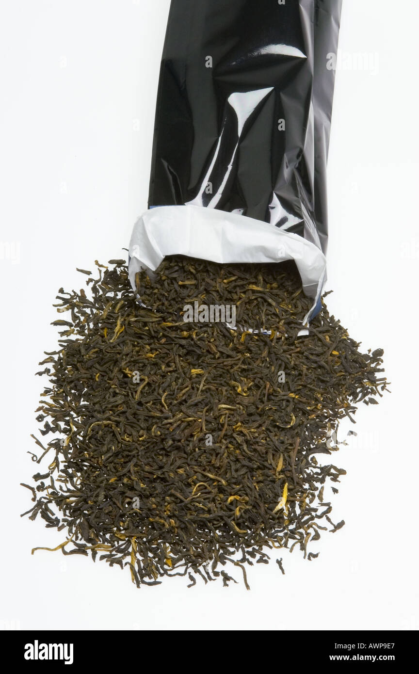schwarzer Tee Nahaufnahme Foto Tasche Papier Tasche Paperbag tealeaf Stockfoto