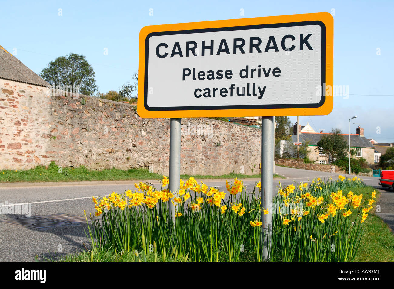 Wegweiser für Carharrack in Cornwall UK. Stockfoto