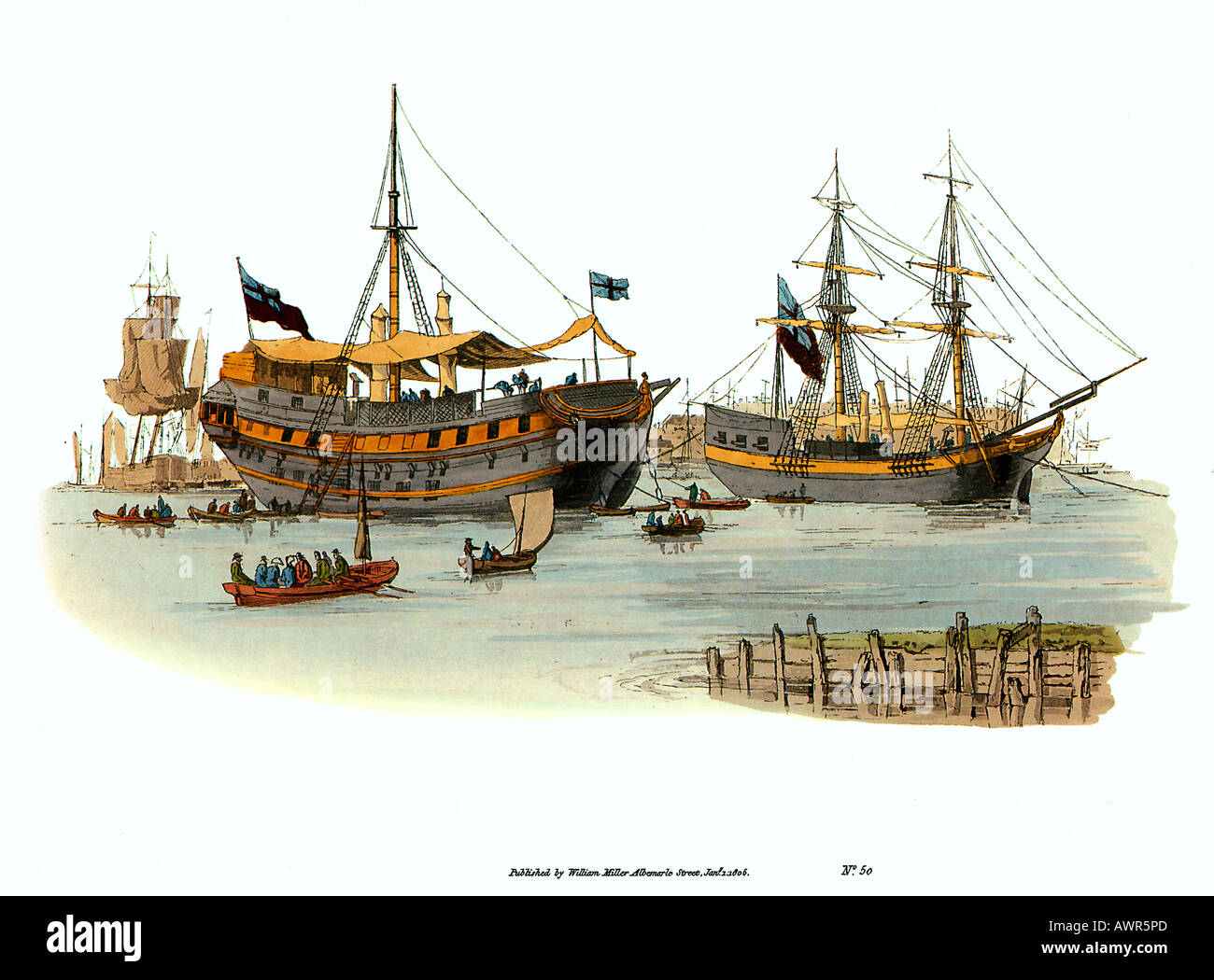 Gefängnis Schiffe 1805 eine der Skizzen von Thomas Pyne Strafe in Georgian London schwimmenden Gefängnis Klötze Stockfoto