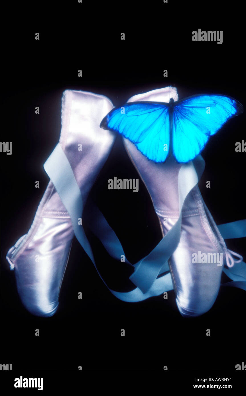 Punkt-Schuhe und blauer Schmetterling Stockfoto
