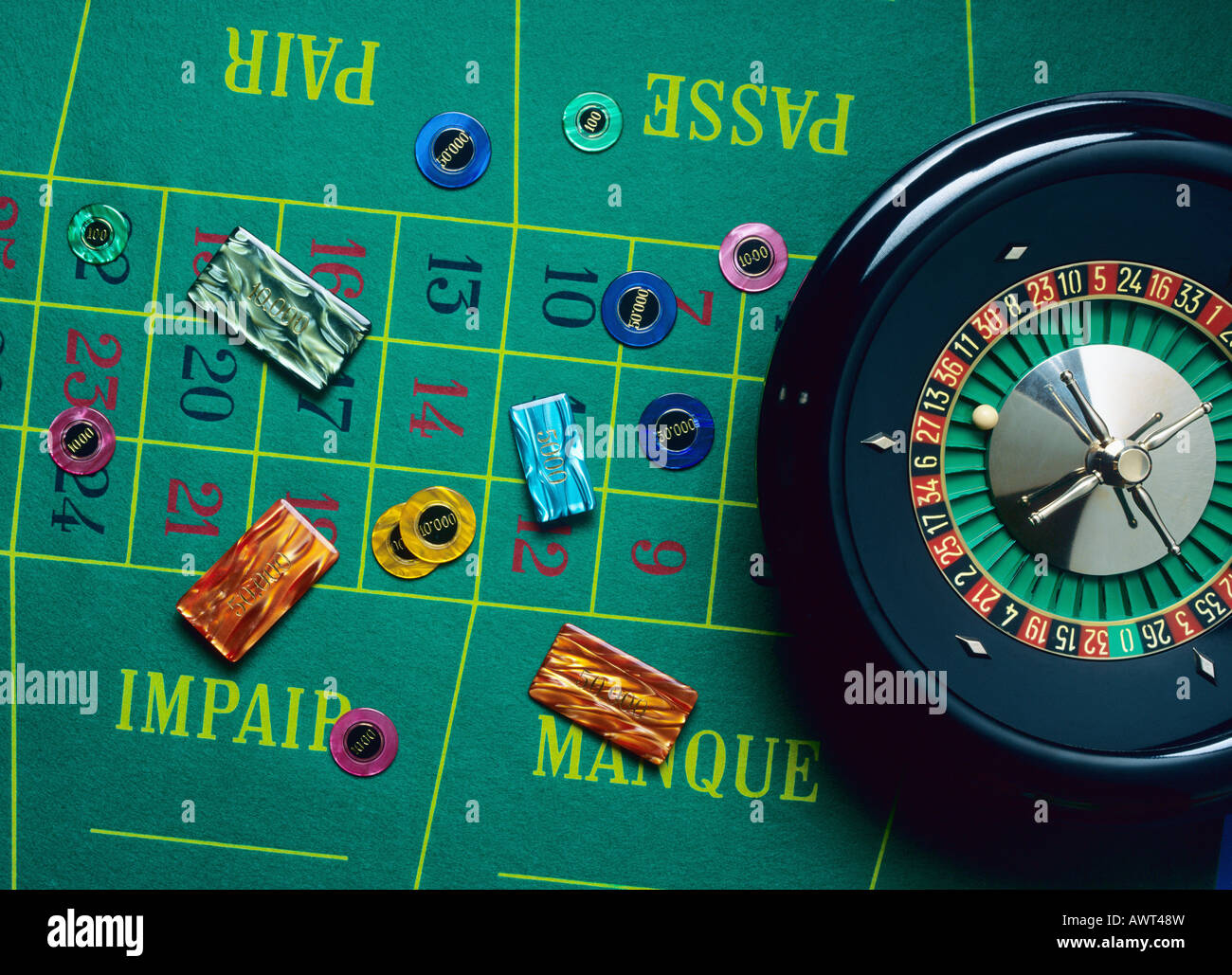 ROULETTE-RAD UND POMMES FRITES Stockfoto