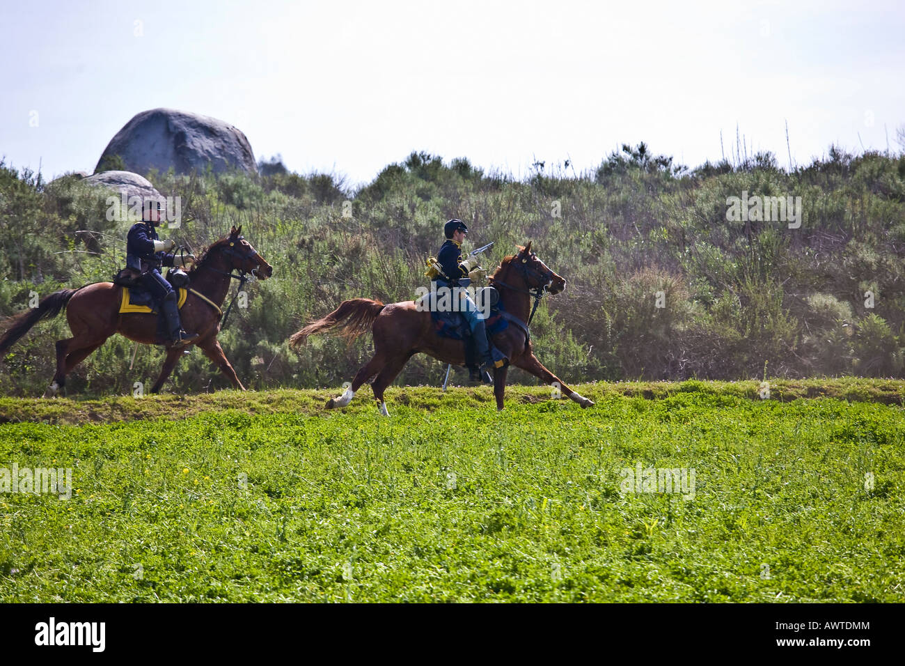 American Civil War Reenactment Offiziere zu Pferd auf Schlachtfeld in Vista, Kalifornien. Stockfoto
